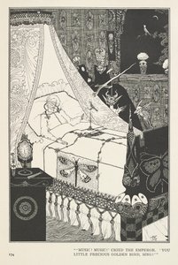 El Ruiseñor. "¡Música! Música!" gritó el Emperador. "¡Pequeño y precioso pájaro dorado, canta!" de Harry Clarke