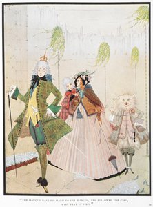 "El marqués dio la mano a los príncipes y siguió al rey, que subió primero". Ilustración para el cuento "el maestro gato o el gatito con botas". de Harry Clarke
