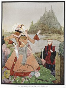 "El príncipe pregunta al anciano campesino". Una ilustración para el cuento "La bella durmiente". de Harry Clarke