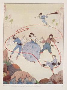 "Harán bailar de alegría a los reinos del país de las hadas". Ilustración de Limosna en otoño, de Rose Fyleman. Figuras bailando en el aire. de Harry Clarke