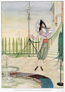 "Este hombre tuvo la desgracia de tener una Barba Azul". Barba Azul acariciándose la barba. de Harry Clarke