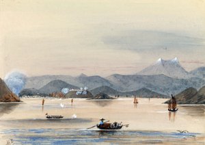 El HMS Tribune navegando por el río Chuenpee en Cantón (China), con botes de remos y juncos chinos.