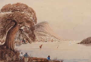 Vista de una ciudad costera con árbol y figuras en primer plano de Harry Edmond Edgell
