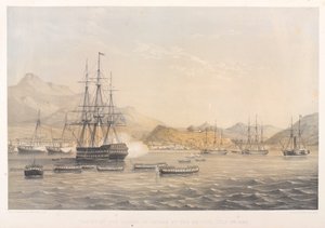 La toma de la isla de Chusan por los británicos, 5 de julio de 1840 (litografía en color)