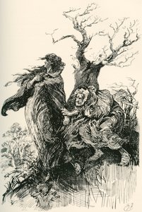 Alice Brown y su madre. "Después de un cuarto de hora de marcha, la anciana, agotada y sin aliento, se aventuró a sujetarla por las faldas; pero no se aventuró a más, y siguieron viajando en silencio a través de la humedad y la penumbra." Ilustración de Ha de Harry Furniss