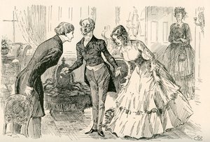 David conoce a Dora y a la señorita Murdstone. "¡El señor Copperfield, mi hija Dora, y la amiga confidencial de mi hija Dora, la señorita Murdstone!". Ilustración de Harry Furniss para la novela de Charles Dickens David Copperfield, de The Testimonial Edit de Harry Furniss