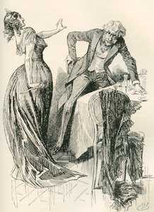 Edith y el Sr. Carker. "Se acercaba alegremente a ella cuando, en un instante, cogió el cuchillo de la mesa y retrocedió un paso. "¡Quédate quieto -le dijo- o te mato!". Ilustración de Harry Furniss para la novela de Charles Dickens de Harry Furniss