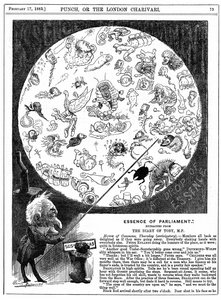 Esencia del Parlamento: Caricatura marcando la apertura de la primera sesión del Parlamento de 1883 de Harry Furniss