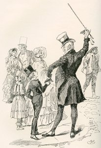 El Sr. Micawber lleva a David a casa. "Caminamos juntos hasta nuestra casa, mientras el señor Micawber me iba grabando los nombres de las calles y las formas de las casas de las esquinas". Ilustración de Harry Furniss para la novela de Charles Dickens Davi de Harry Furniss