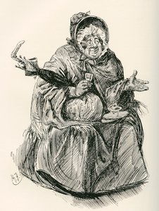 La Sra. Gamp. Ilustración de Harry Furniss para la novela de Charles Dickens Martin Chuzzlewit, de The Testimonial Edition, publicada en 1910. de Harry Furniss
