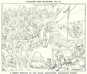 Caricatura de Punch: Una reunión alegre en la Real Institución, Calle Albemarle, Londres (grabado)