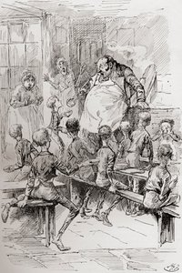Hambre en el asilo. "Por favor, señor, quiero un poco más". "El Maestro contempló con estupefacto asombro al pequeño rebelde durante unos segundos, y se aferró al cobre para apoyarse. Los ayudantes estaban paralizados de asombro; los chicos, de miedo. Ilus