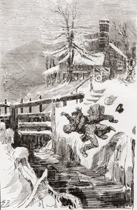La lucha a muerte en la esclusa. " Aint I told you." "Te sostendré vivo, y te sostendré muerto", gritó Bradley, mientras Riderhood caía de espaldas sobre el foso liso, y Bradley Headstone sobre él." Ilustración de Harry Furniss para la novela de Charles Di de Harry Furniss
