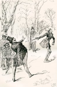 El duelo después del baile. " Los ojos del señor Winkle, que estaban cerrados, le impidieron observar el extraordinario e inexplicable comportamiento del doctor Slammer. Aquel caballero se quedó mirando, se frotó los ojos y, finalmente, gritó " ¡Alto, alto de Harry Furniss
