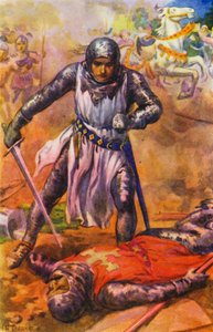 "Tras una feroz lucha, los templarios fueron derrotados" (litografía en color) de Harry George Theaker