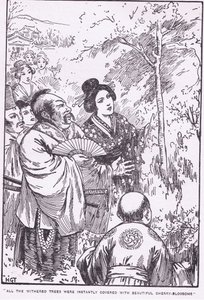 Todos los árboles marchitos se cubrieron al instante de hermosas flores de cerezo (El anciano que hizo florecer los árboles marchitos) (lito) de Harry George Theaker