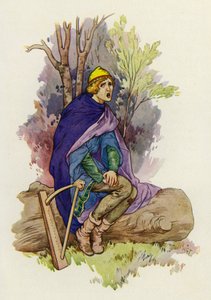 Mientras estaba sentado, el joven canturreó una lúgubre cancioncilla (litografía en color) de Harry George Theaker
