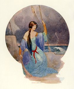 "Por fin, mientras un vivo relámpago envolvía todo el barco en llamas azules, la canción cesó de repente" (litografía en color). de Harry George Theaker