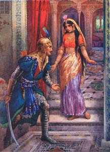 Al ver a Rama, se precipitó hacia delante. De las Aventuras de Rama y Sita, ilustración de "Cuentos infantiles de leyendas indias", hacia 1930 (litografía en color). de Harry George Theaker