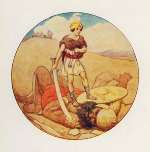 David cogió la propia espada del gigante y le cortó la cabeza a Goliat (litografía en color) de Harry George Theaker