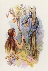 Eva miraba asombrada a la serpiente (litografía en color) de Harry George Theaker