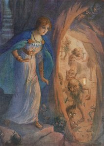Freyja en la cueva de los enanos, de "El collar de Freyja" (litografía en color) de Harry George Theaker
