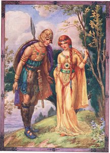 "Permíteme ser tu pretendiente" (del Príncipe de Dyfed) (litografía en color) de Harry George Theaker