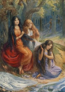 Hladgrun, Olrun y Alvit, de "Wayland the Smith" (litografía en color)