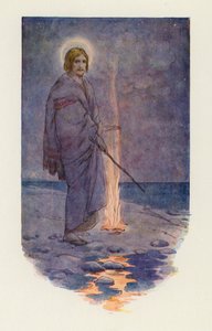 Jesús en la orilla (litografía en color) de Harry George Theaker