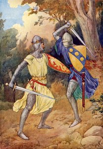 El rey Arturo lucha con el caballero desconocido (litografía en color)