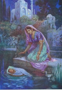 Kunti no se atrevió a desobedecer. De los hermanos aventureros, ilustración de "Cuentos infantiles de leyendas indias", años 30 (litografía en color). de Harry George Theaker