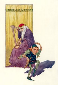 Juglares y enanos entretienen al rey (litografía en color) de Harry George Theaker