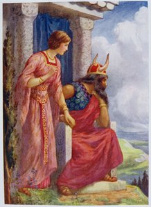 Odín y Frigga" de "Asgard y su rey", ilustrado para "Cuentos infantiles de las leyendas del Norte", publicado por Raphael Tuck. de Harry George Theaker