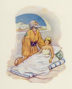 Una vez más Eliseo estrechó al niño contra sí (litografía en color) de Harry George Theaker
