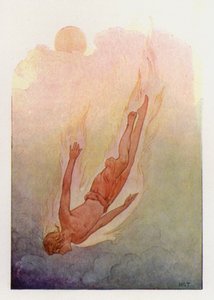 Faetón con el pelo en llamas, cayendo en un río profundo y fresco (litografía en color) de Harry George Theaker