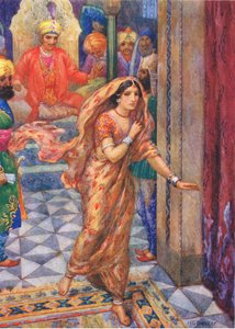 Huyó de la sala de audiencias. Del Anillo del Recuerdo, ilustración de "Cuentos infantiles de leyendas indias", c.1930 (litografía en color). de Harry George Theaker