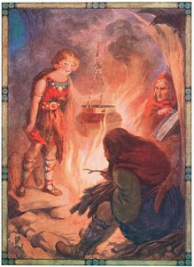 "Encontró todo como debía ser" (de Taliesin) (litografía en color) de Harry George Theaker