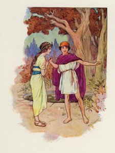 Ella respondía: "Sí, estoy segura de que volverá" (litografía en color). de Harry George Theaker