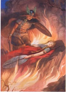 Sigurd y Brynhild" de "La espada de los volsungos", ilustrado en "Cuentos infantiles de las leyendas nórdicas", publicado por Raphael Tuck (litografía en color).