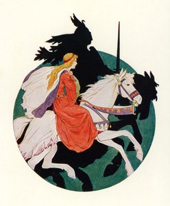 El Caballero Negro cabalga con la doncella (litografía en color) de Harry George Theaker