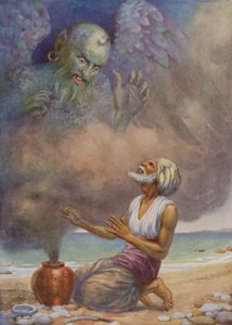El genio escapa del jarrón (litografía en color) de Harry George Theaker