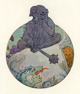 El Gran Gigante Negro frunció el ceño ante Sir Gawaine (litografía en color) de Harry George Theaker