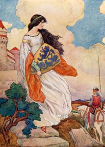 La princesa Iseult con el escudo de Sir Tristram de Lyonesse (litografía en color) de Harry George Theaker