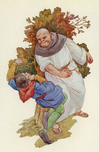 El golpe cayó con una sonora bofetada y envió a Much de cuerpo entero sobre la hierba (litografía en color) de Harry George Theaker
