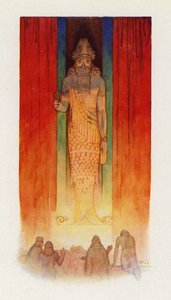 El dios principal de los filisteos era un dios-pez (litografía en color) de Harry George Theaker