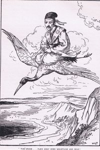 La grulla voló sobre montañas y mares (de la Historia de Sentaro) (litografía) de Harry George Theaker
