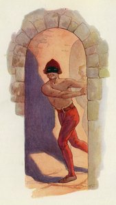 El primero de ellos estaba desnudo de cintura para arriba y llevaba una máscara negra (litografía en color) de Harry George Theaker