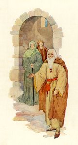 El anciano invita al caballero a entrar en el palacio en ruinas (litografía en color) de Harry George Theaker