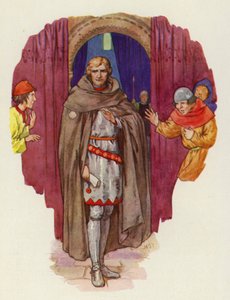 El palmer echó hacia atrás su capucha, y su túnica, abriéndose, le mostró en armadura completa (litografía en color) de Harry George Theaker