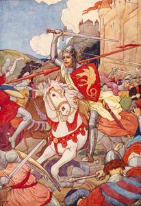 El extraño Caballero con la espada destellando (litografía en color) de Harry George Theaker